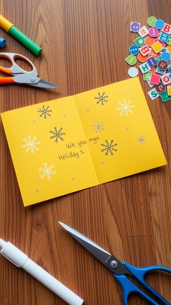 A handmade yellow Christmas card with snowflakes and a holiday message, surrounded by crafting supplies.